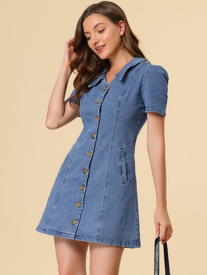 Allegra K Button Down Collared Short Sleeve Jean Denim Shirt Dress