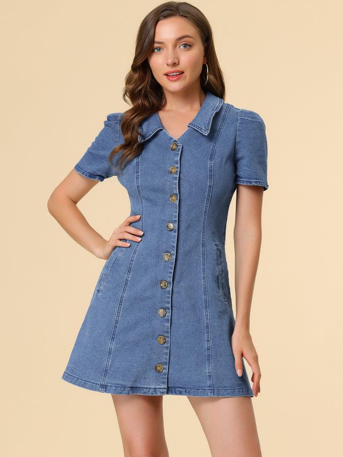 Allegra K Button Down Collared Short Sleeve Jean Denim Shirt Dress