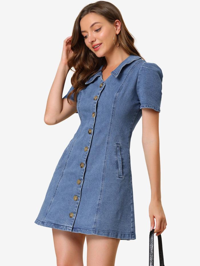 allegra k Button Down Collared Short Sleeve Jean Denim Shirt Dress
