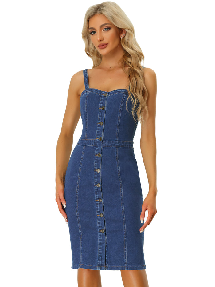 Allegra K Button Down Denim Sleeveless Sweetheart Neck Jeans Dress