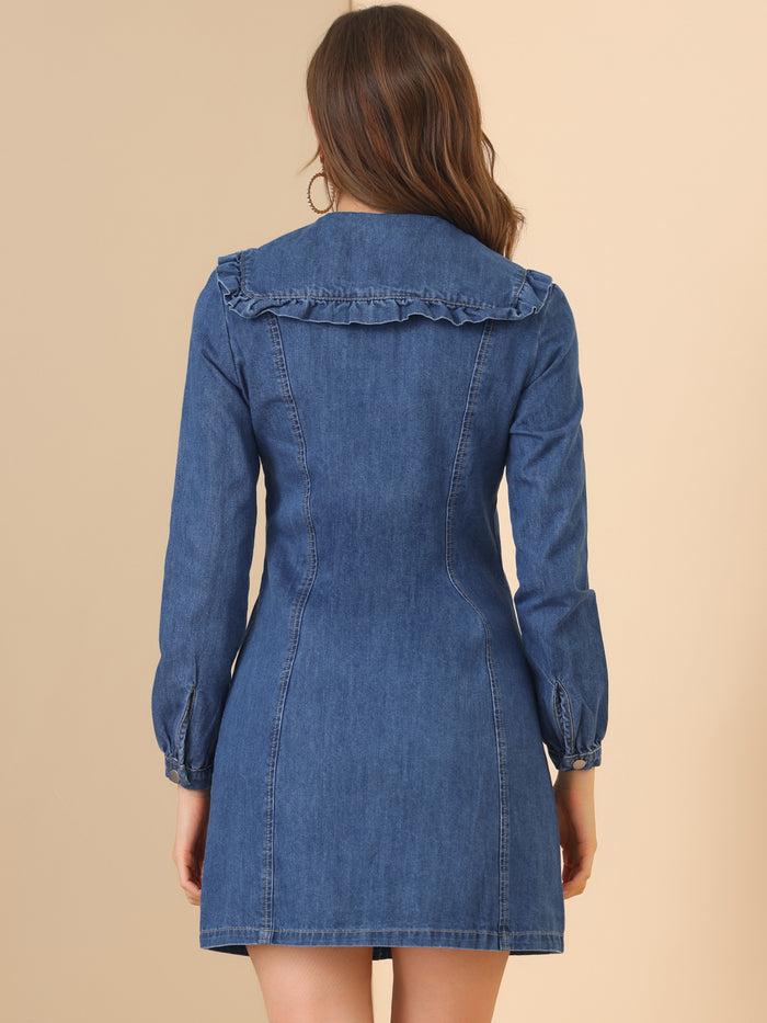Allegra K Button Down Long Sleeve Ruffle Collar Denim Over Knee Dress