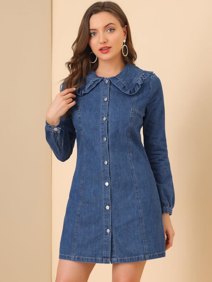 Allegra K Button Down Long Sleeve Ruffle Collar Denim Over Knee Dress