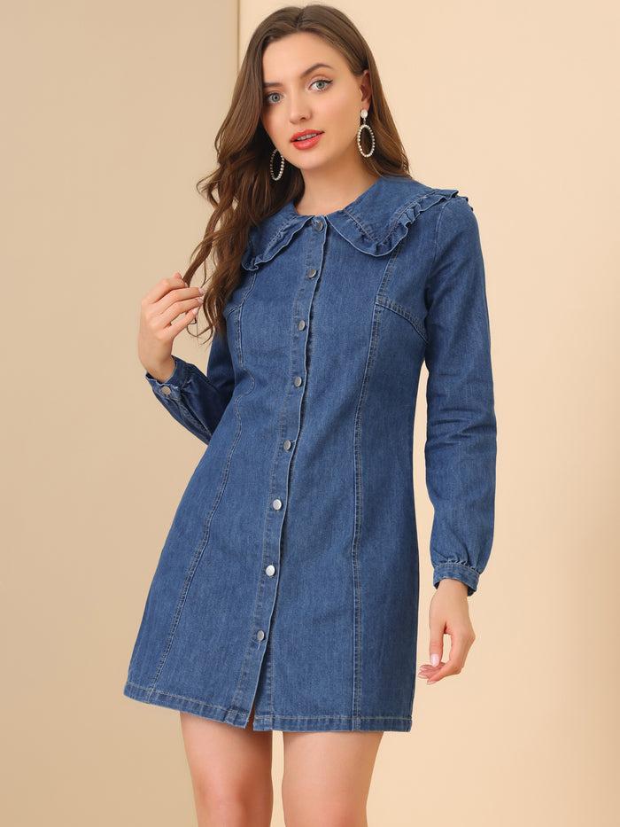 allegra k Button Down Long Sleeve Ruffle Collar Denim Over Knee Dress