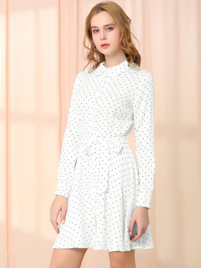 Allegra K Button Down Long Sleeve Tie Waist Polka Dots Belted Shirt Dress