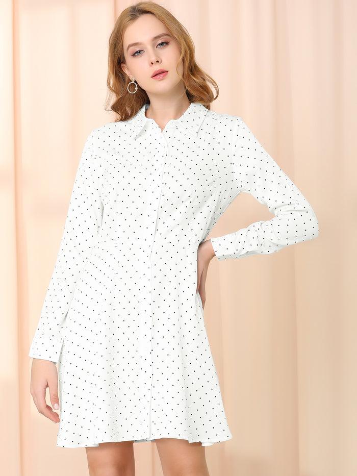 Allegra K Button Down Long Sleeve Tie Waist Polka Dots Belted Shirt Dress