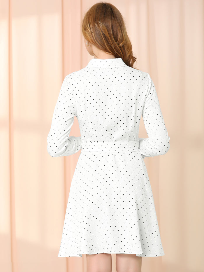 Allegra K Button Down Long Sleeve Tie Waist Polka Dots Belted Shirt Dress