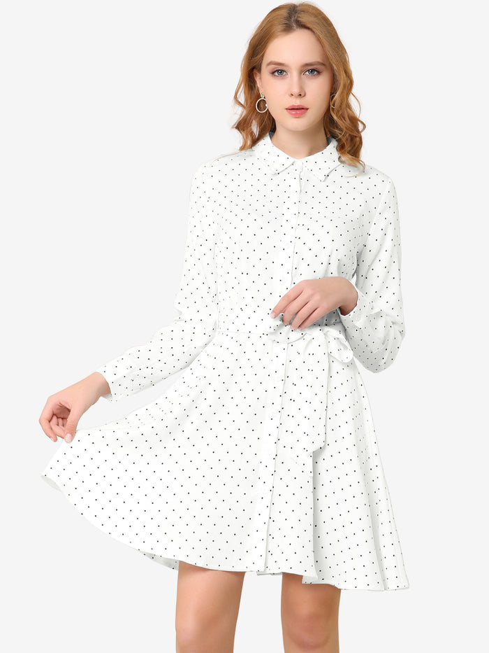allegra k Button Down Long Sleeve Tie Waist Polka Dots Belted Shirt Dress