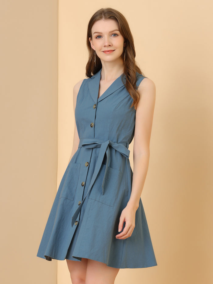 Allegra K Button Down Notched Lapel Belted Sleeveless Shirt Dress