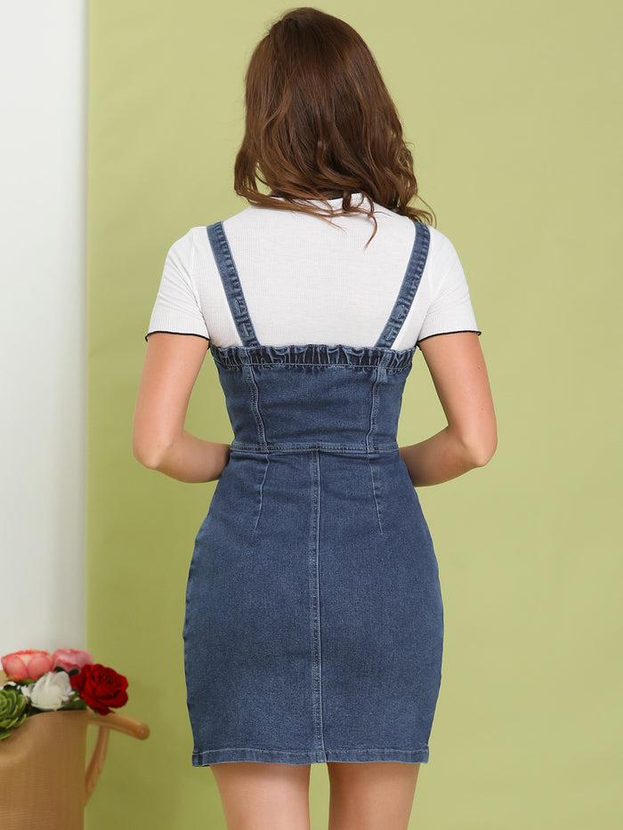 Allegra K Button Front Classic Adjustable Strap Overall Denim MIni Dress