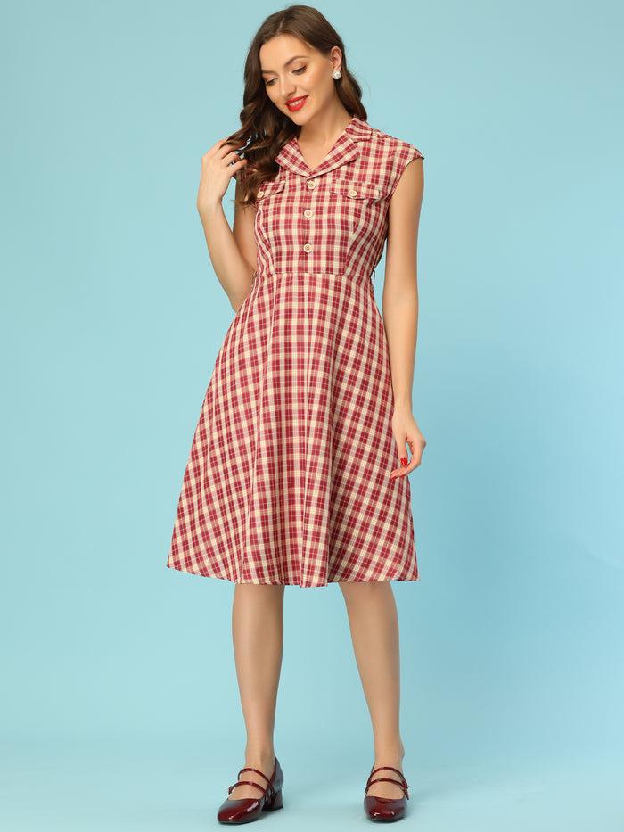 Allegra K Button Front Retro Cap Sleeve Belted Waist Plaid Dress