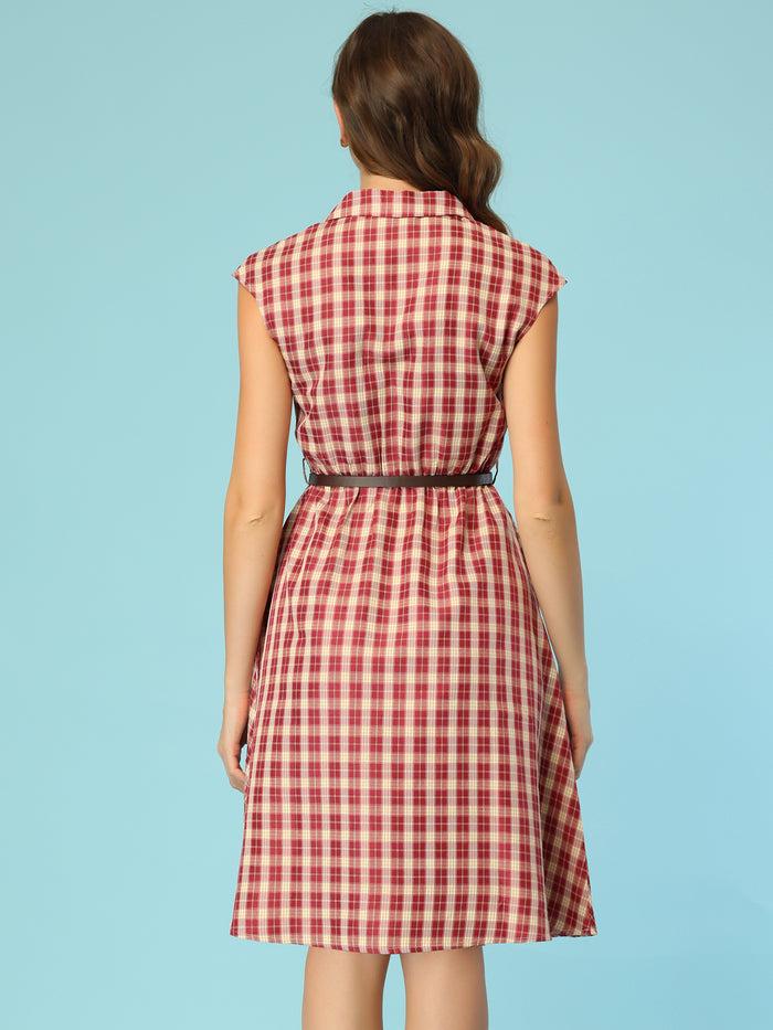 Allegra K Button Front Retro Cap Sleeve Belted Waist Plaid Dress