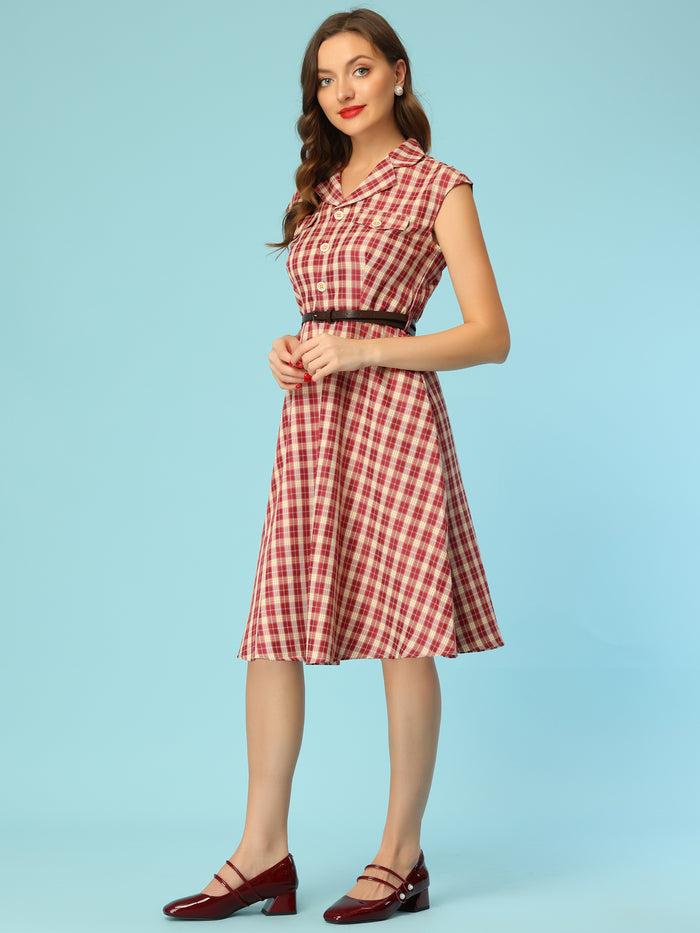 allegra k Button Front Retro Cap Sleeve Belted Waist Plaid Dress