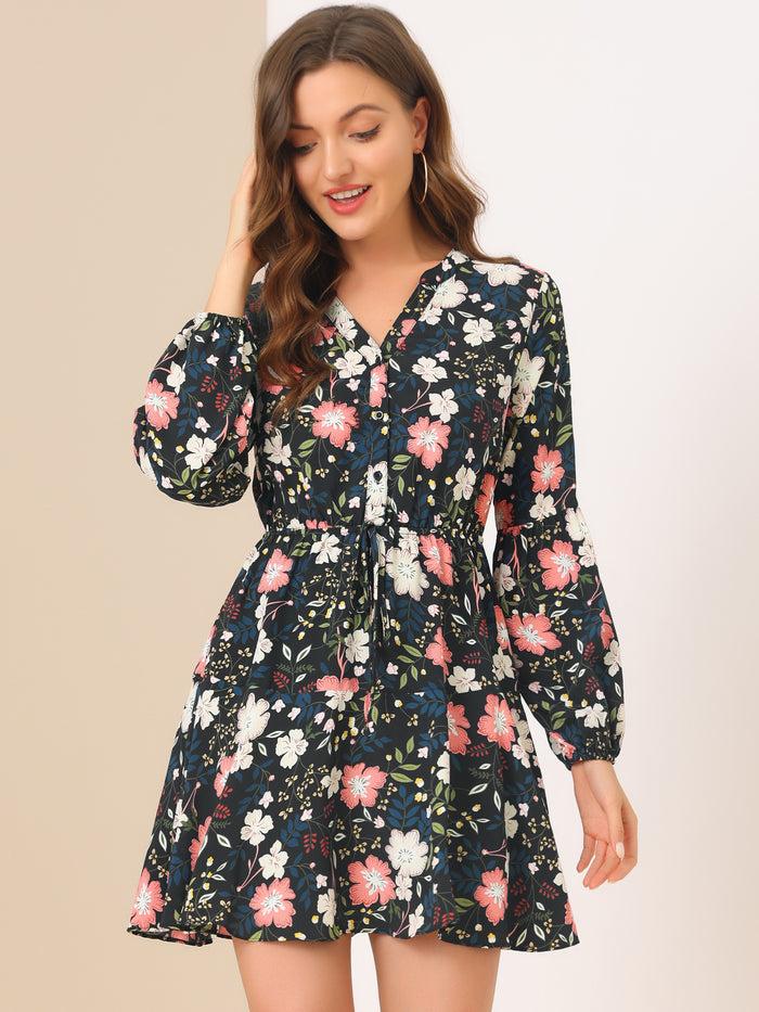 Allegra K Button Front Tie Waist Vintage Long Sleeve Floral Dress