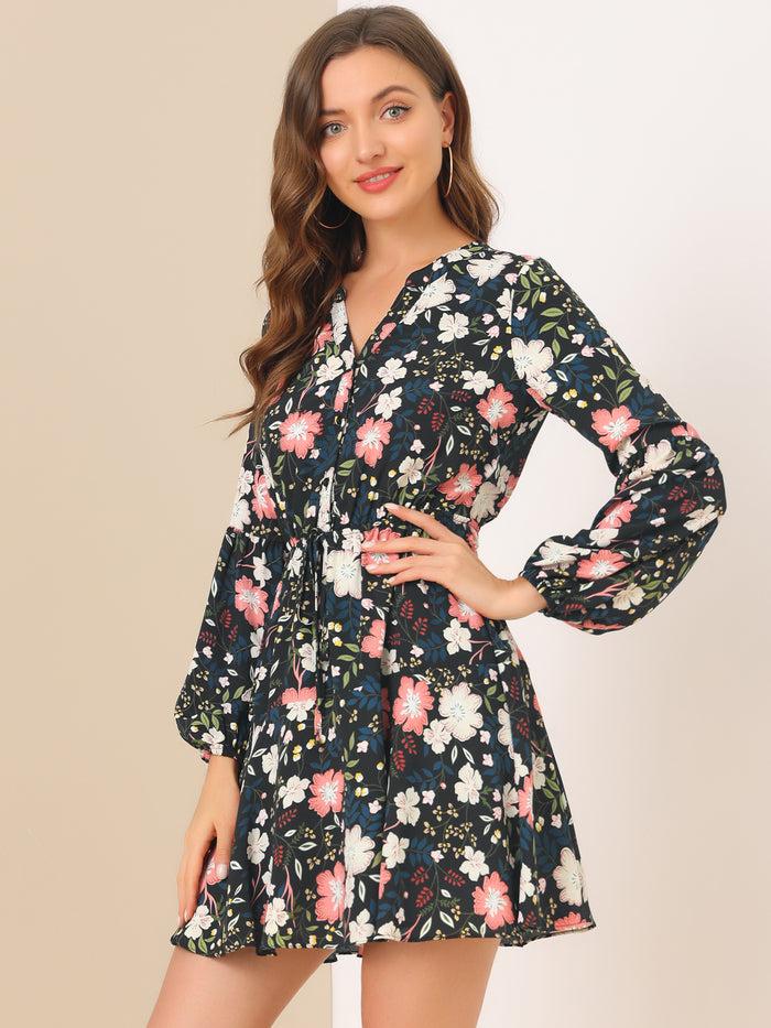 Allegra K Button Front Tie Waist Vintage Long Sleeve Floral Dress