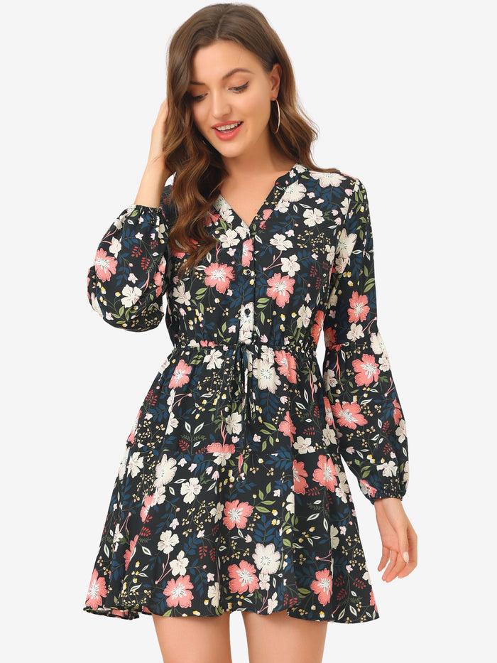 allegra k Button Front Tie Waist Vintage Long Sleeve Floral Dress
