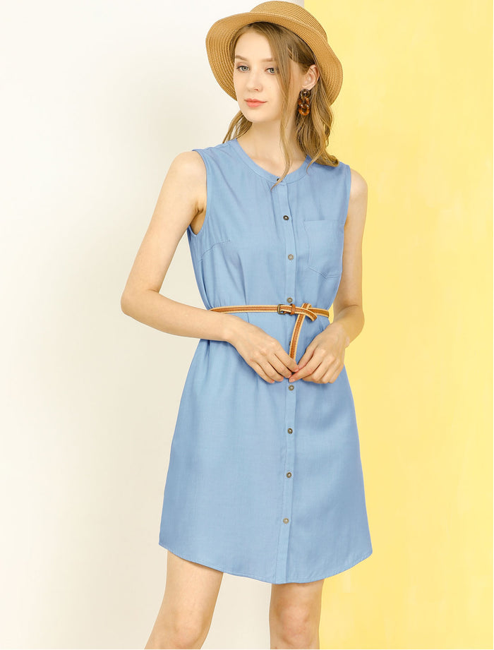 Allegra K Button Up Shirtdress Sleeveless Tunic Denim Chambray Dress Sundress