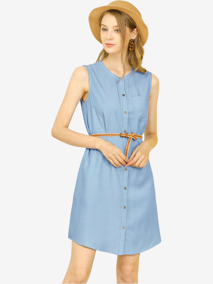 allegra k Button Up Shirtdress Sleeveless Tunic Denim Chambray Dress Sundress