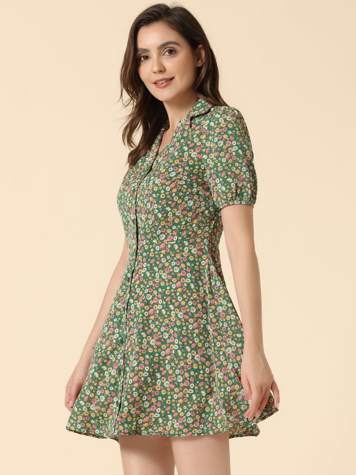 Allegra K Button Up Short Sleeve A-Line Chiffon Vintage Floral Shirt Dress