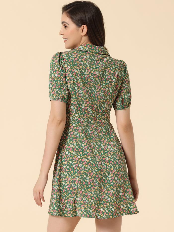 Allegra K Button Up Short Sleeve A-Line Chiffon Vintage Floral Shirt Dress