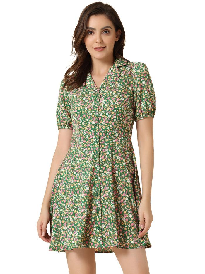Allegra K Button Up Short Sleeve A-Line Chiffon Vintage Floral Shirt Dress