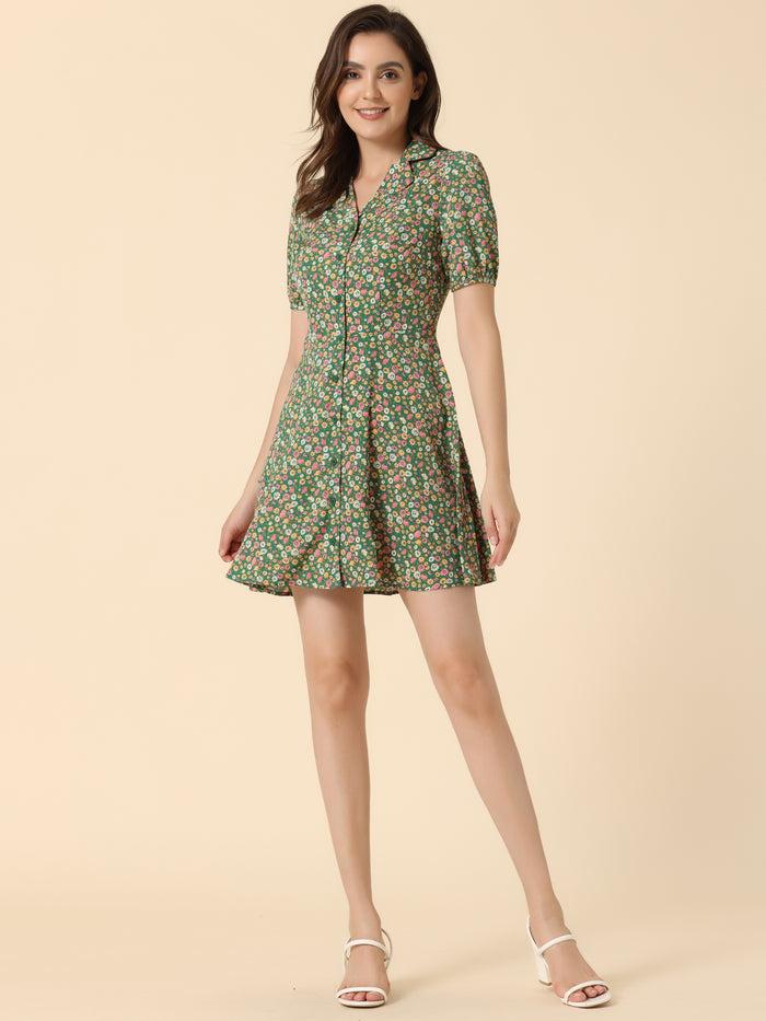 allegra k Button Up Short Sleeve A-Line Chiffon Vintage Floral Shirt Dress