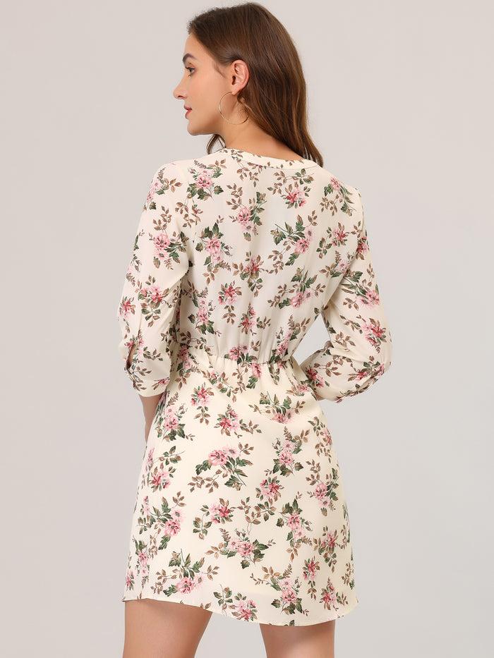 Allegra K Button-Up V Neck 3/4 Sleeve Floral T-Shirt Dress With Pockets