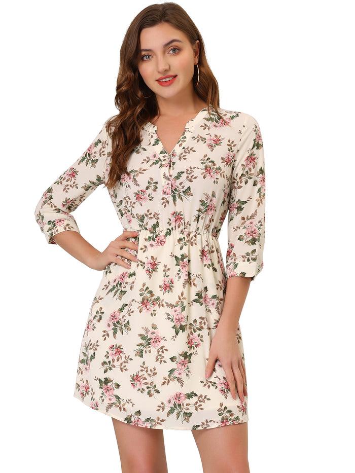 Allegra K Button-Up V Neck 3/4 Sleeve Floral T-Shirt Dress With Pockets