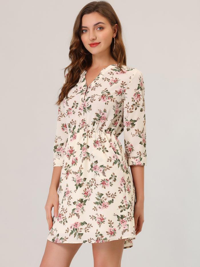 allegra k Button-Up V Neck 3/4 Sleeve Floral T-Shirt Dress with Pockets