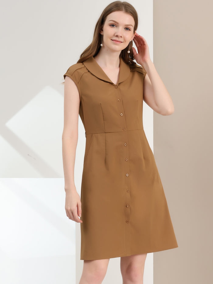 Allegra K Cap Sleeve Camp Collar Button Down Tie Waist Shirt Dress