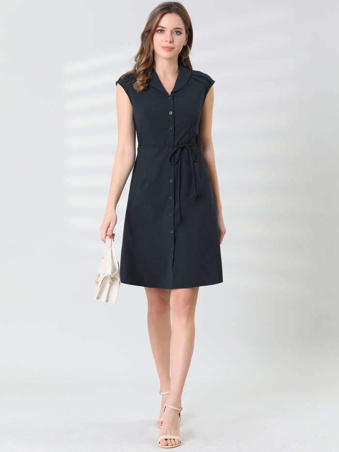 Allegra K Cap Sleeve Camp Collar Button Down Tie Waist Shirt Dress