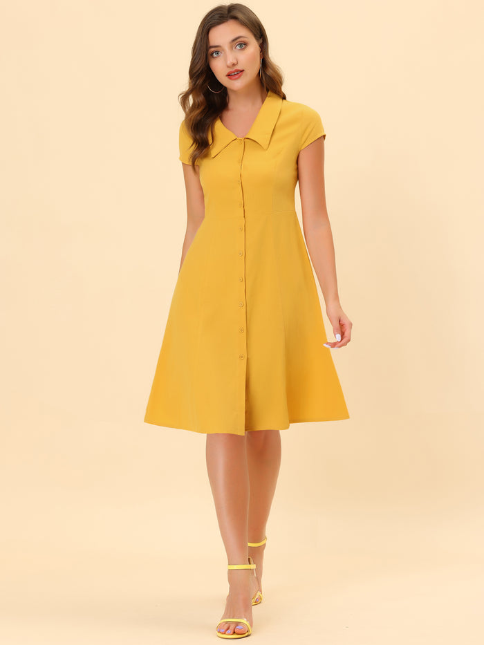 Allegra K Cap Sleeve Cotton Shirtdress Work Collar Midi Button Down Dress