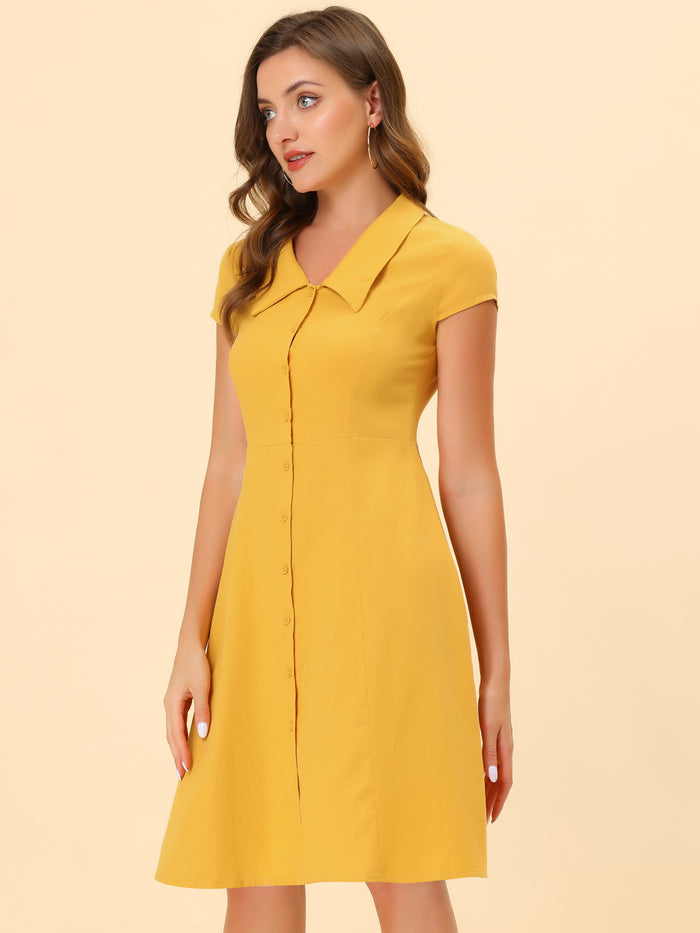 Allegra K Cap Sleeve Cotton Shirtdress Work Collar Midi Button Down Dress