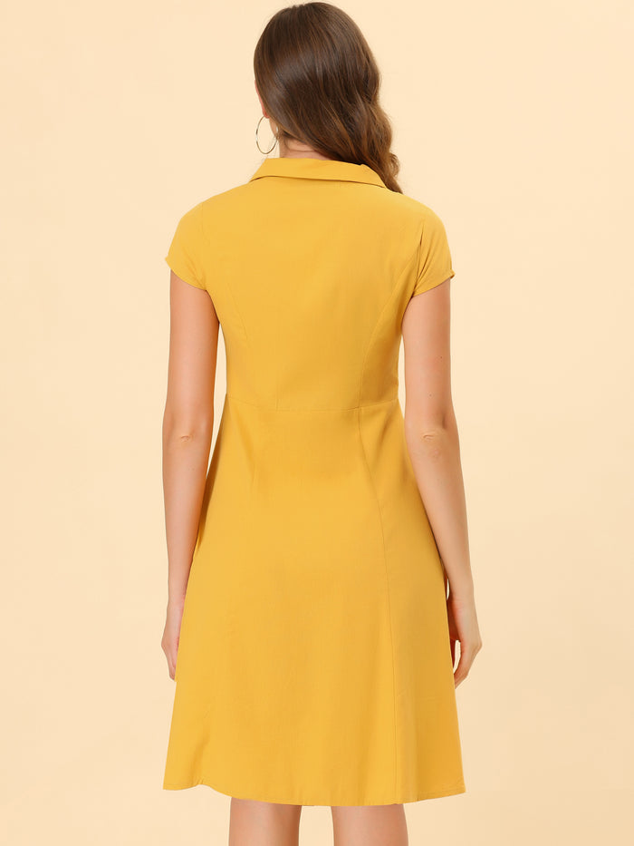 Allegra K Cap Sleeve Cotton Shirtdress Work Collar Midi Button Down Dress