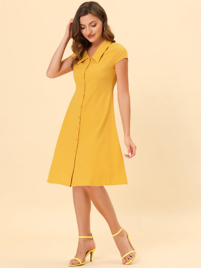 allegra k Cap Sleeve Cotton Shirtdress Work Collar Midi Button Down Dress
