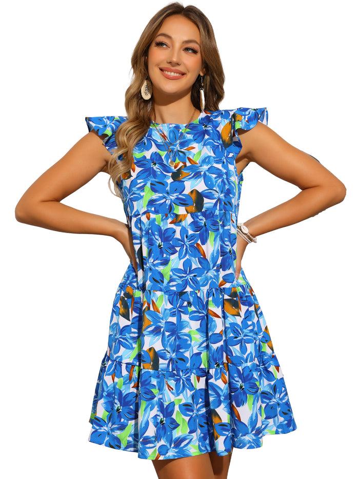 Allegra K Cap Sleeve Crew Neck A-Line Flower Casual Dress