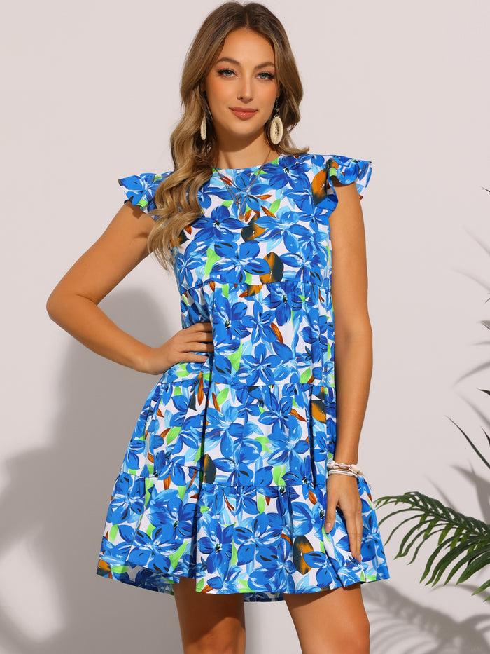 allegra k Cap Sleeve Crew Neck A-Line Flower Casual Dress