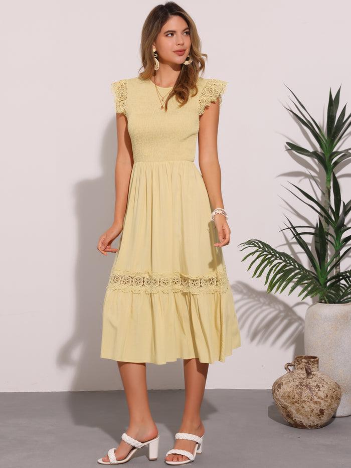 Allegra K Cap Sleeve Lace Trim Smocked Ruffle Flowy Beach Dress