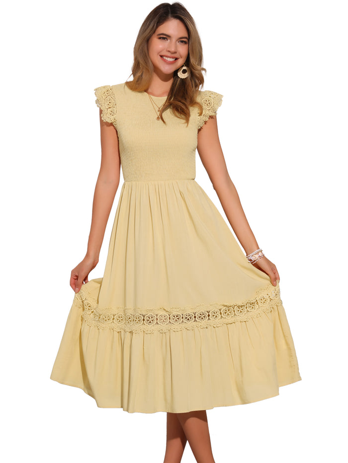 Allegra K Cap Sleeve Lace Trim Smocked Ruffle Flowy Beach Dress