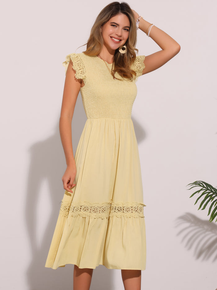 allegra k Cap Sleeve Lace Trim Smocked Ruffle Flowy Beach Dress