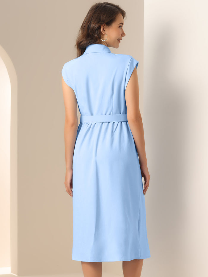 Allegra K Cap Sleeves Collared Button Down Belted Midi Work Dress