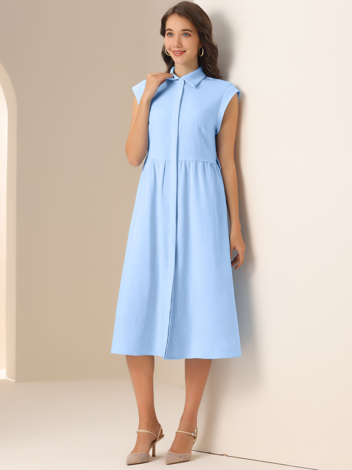 Allegra K Cap Sleeves Collared Button Down Belted Midi Work Dress