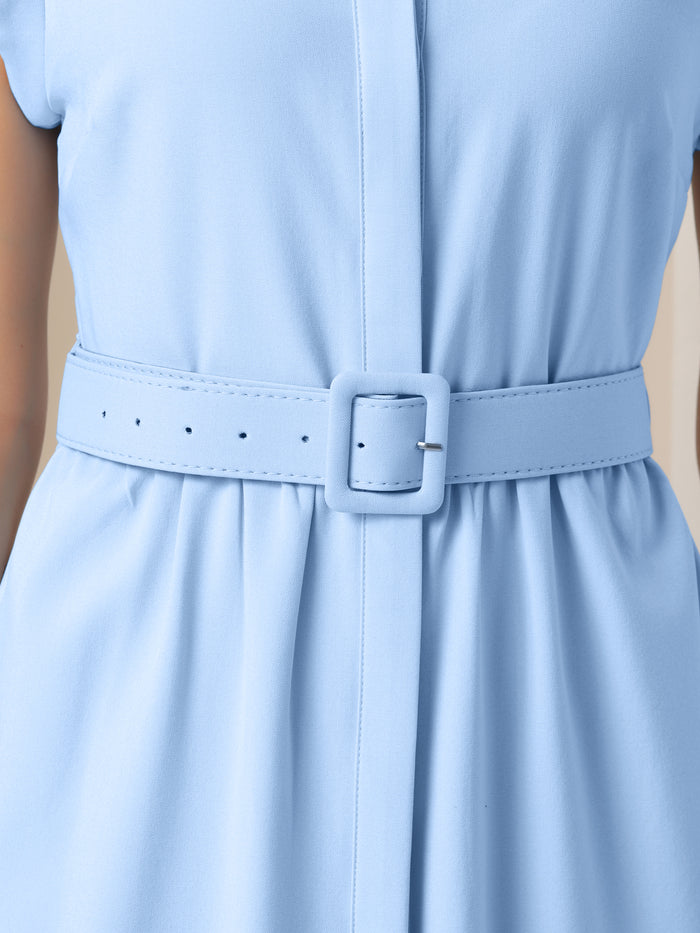 Allegra K Cap Sleeves Collared Button Down Belted Midi Work Dress