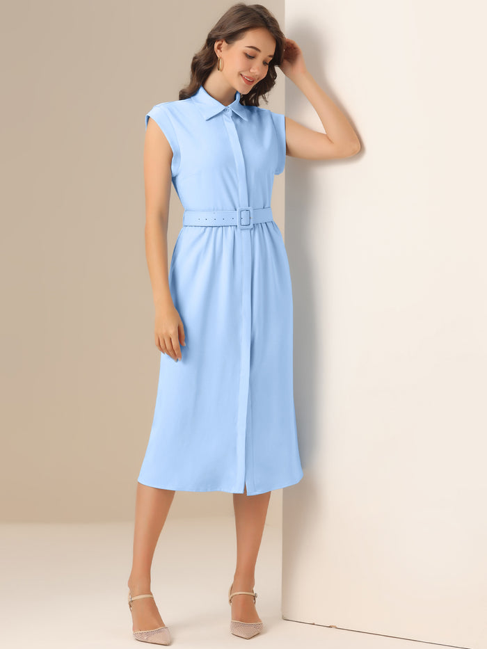 allegra k Cap Sleeves Collared Button Down Belted Midi Work Dress