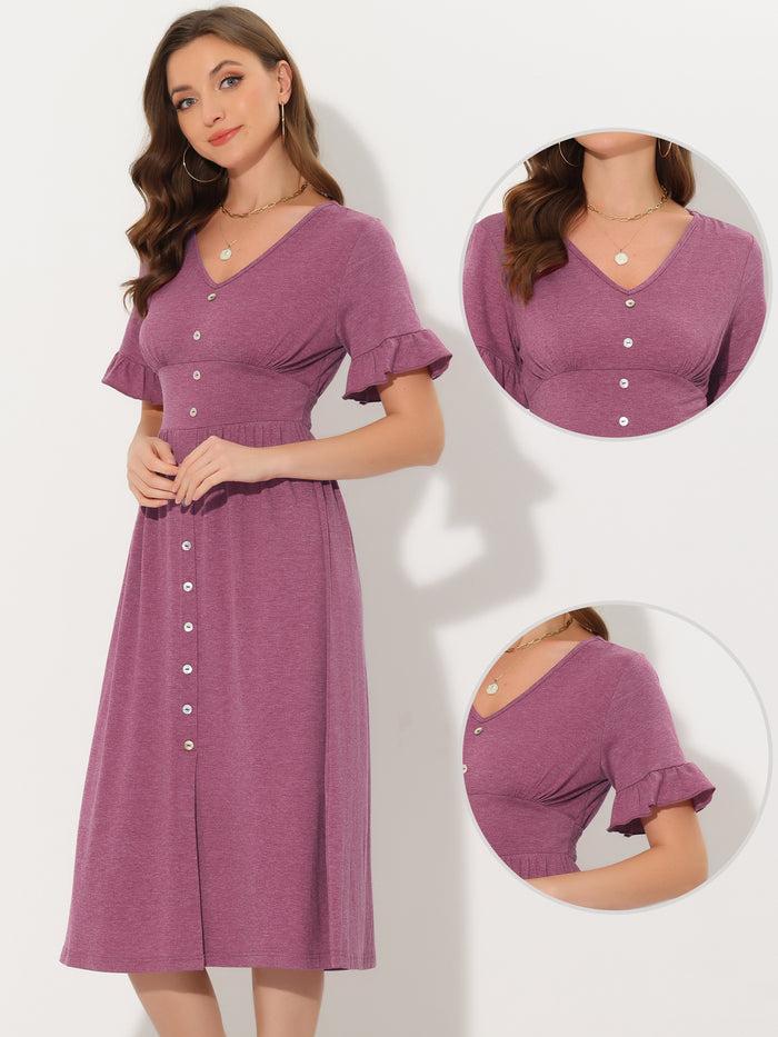 Allegra K Casual Button Flutter Sleeve Smocked Midi Dresses