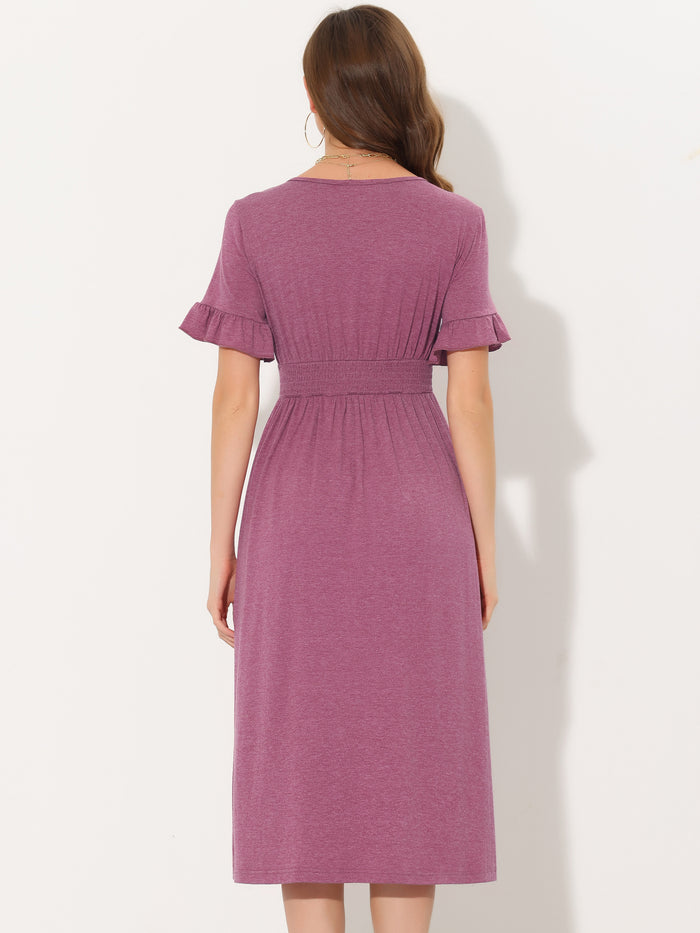 Allegra K Casual Button Flutter Sleeve Smocked Midi Dresses