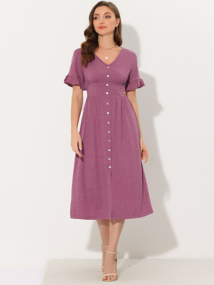 allegra k Casual Button Flutter Sleeve Smocked Midi Dresses