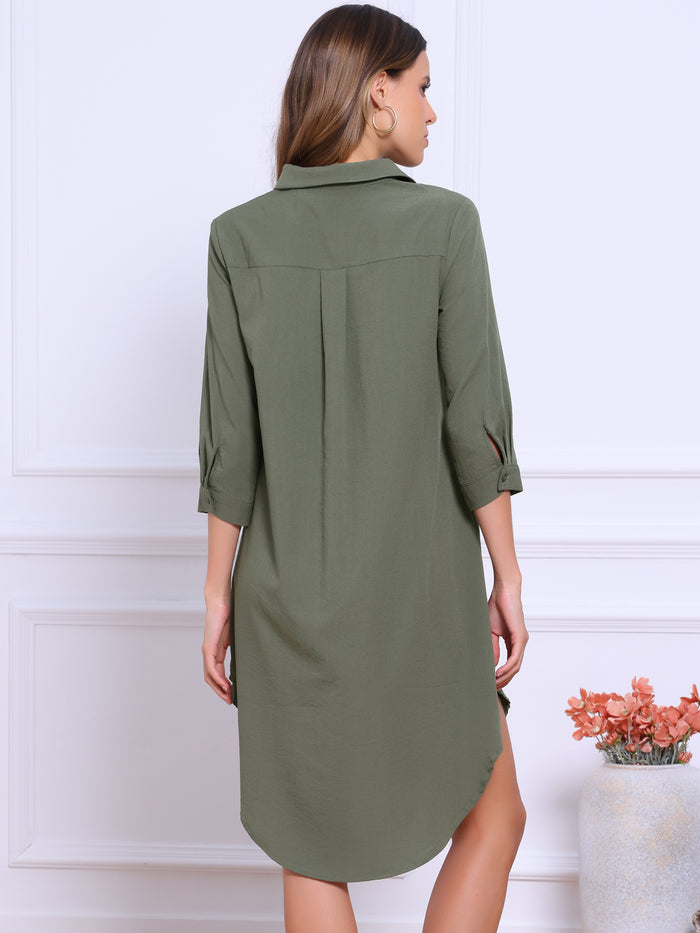 Allegra K Casual Collar 3/4 Sleeve Button Down Shirt Dress