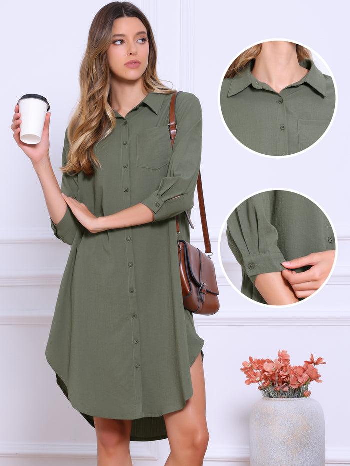 Allegra K Casual Collar 3/4 Sleeve Button Down Shirt Dress
