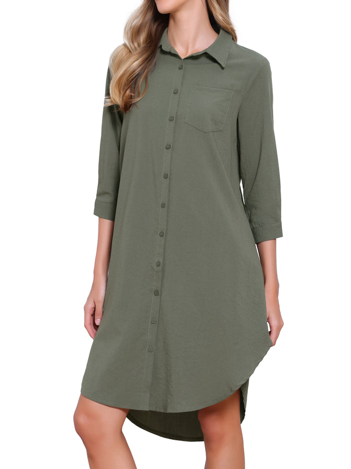 Allegra K Casual Collar 3/4 Sleeve Button Down Shirt Dress