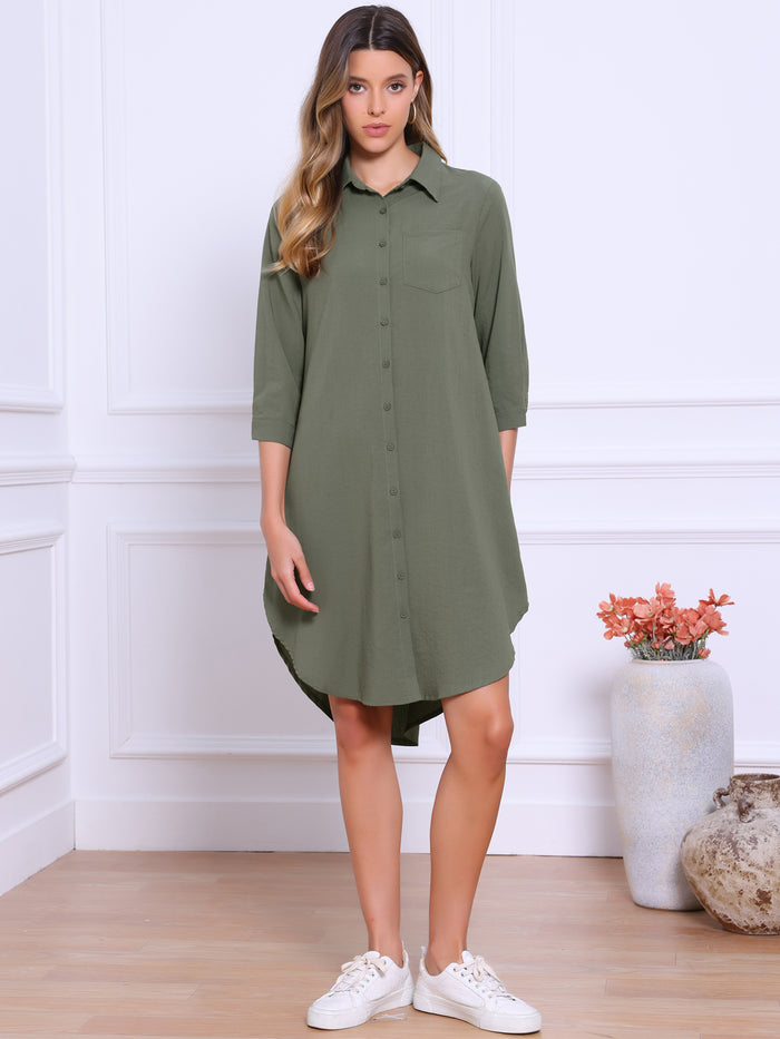 allegra k Casual Collar 3/4 Sleeve Button Down Shirt Dress